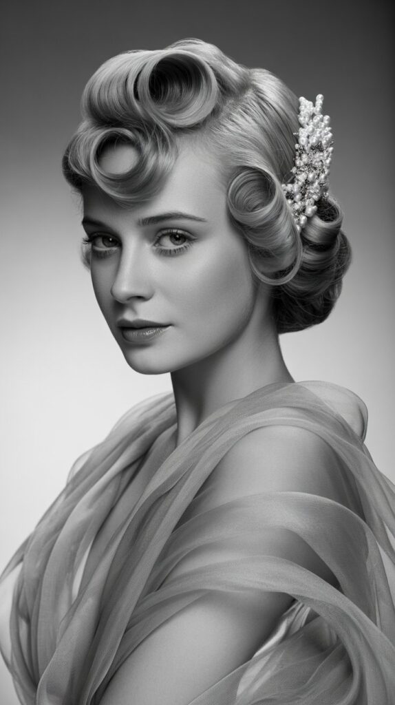 27 Trendy Christmas Hairstyles for Long Hair Perfect for Holiday Glam 24 Vintage Rolled Updo with Pearl Comb