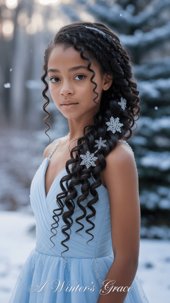 33 Trendy Christmas Hairstyles for Black Kids That Spark Joy 19 Waterfall Braid with Curls