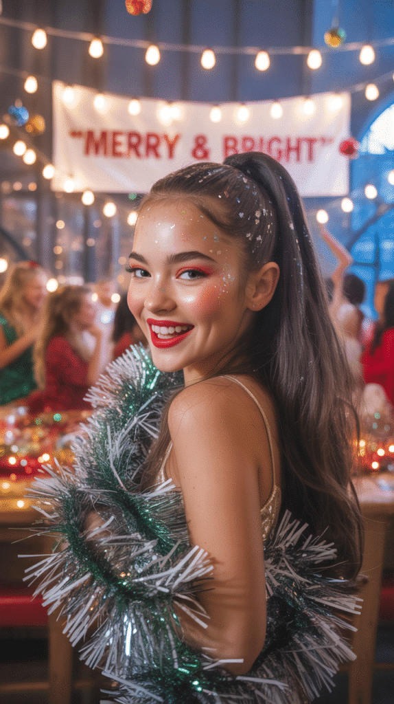 30 Easy Christmas Hairstyles for Teens That Are Fun and Trendy 2 Glittery High Ponytail with Tinsel Wrap
