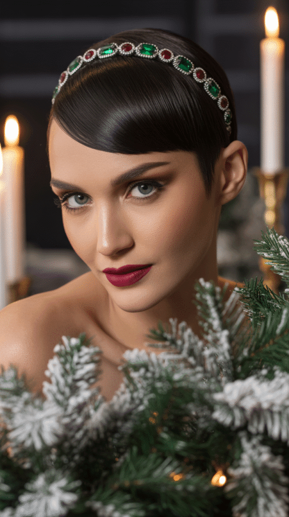 30 Latest Christmas Hairstyles for Short Hair That Are Quick and Chic 8 Slicked-Back Style with Statement Headband