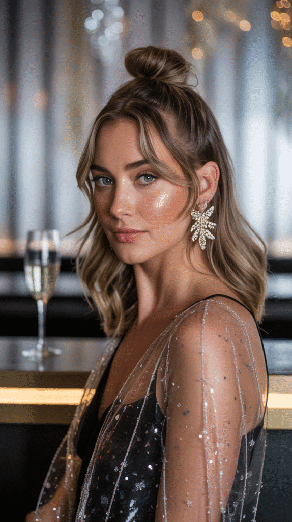 33 Best Christmas Hairstyles for Medium Length Hair That Wow 12 Top Knot with Loose Waves