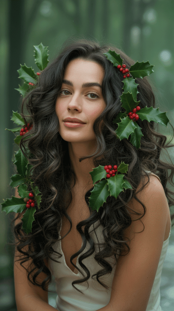 27 Trendy Christmas Hairstyles for Long Hair Perfect for Holiday Glam 18 Voluminous Curls with Fresh Holly