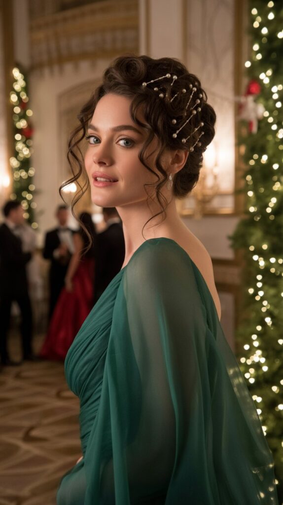 33 Modern Christmas Hairstyles for Curly Hair Full of Bounce and Charm 22 Curly Updo with Pearl Pins