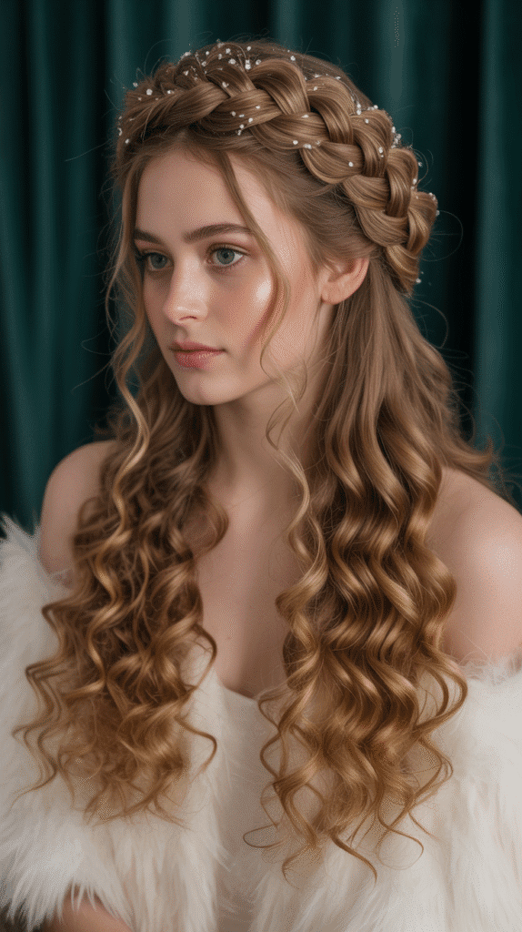 27 Trendy Christmas Hairstyles for Long Hair Perfect for Holiday Glam 5 Half-Up Crown Braid with Cascading Curls