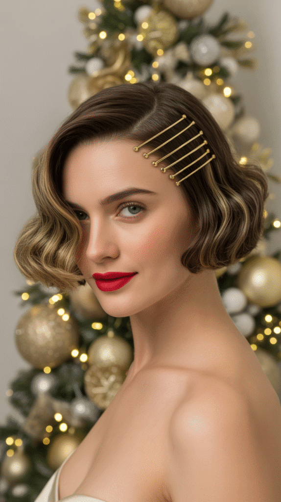 30 Latest Christmas Hairstyles for Short Hair That Are Quick and Chic 1 Classic Holiday Waves with Bobby Pin Accents