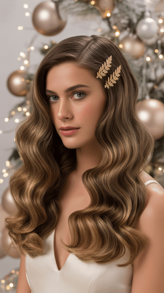 27 Trendy Christmas Hairstyles for Long Hair Perfect for Holiday Glam 1 Classic Hollywood Waves with Gold Accents
