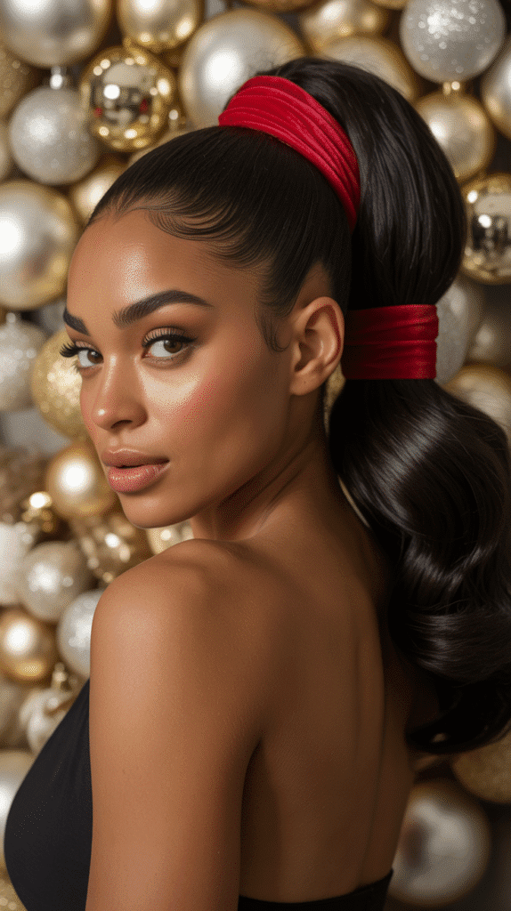 33 Trendy Christmas Hairstyles for Black Women That Slay Every Party 2 Sleek High Ponytail with Red Ribbon
