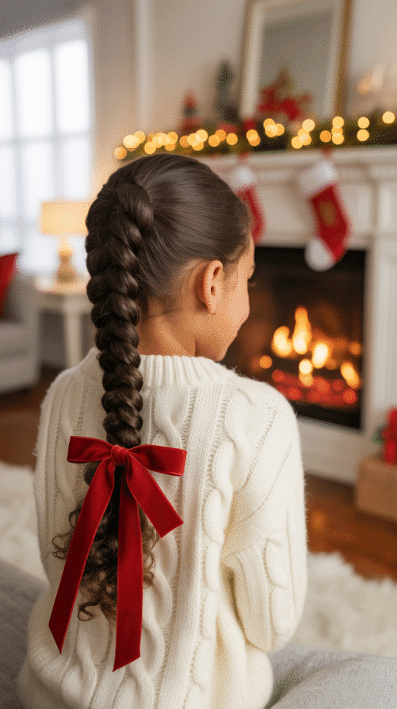 33 Trendy Christmas Hairstyles for Black Kids That Spark Joy 20 Braided Ponytail with Ribbon Weave