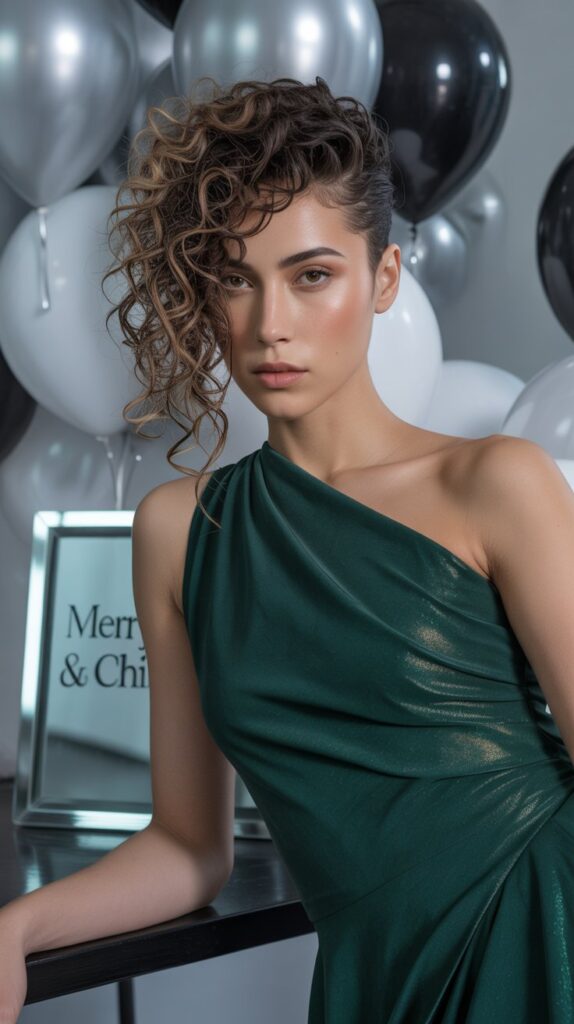 33 Modern Christmas Hairstyles for Curly Hair Full of Bounce and Charm 19 Asymmetrical Curly Side Style