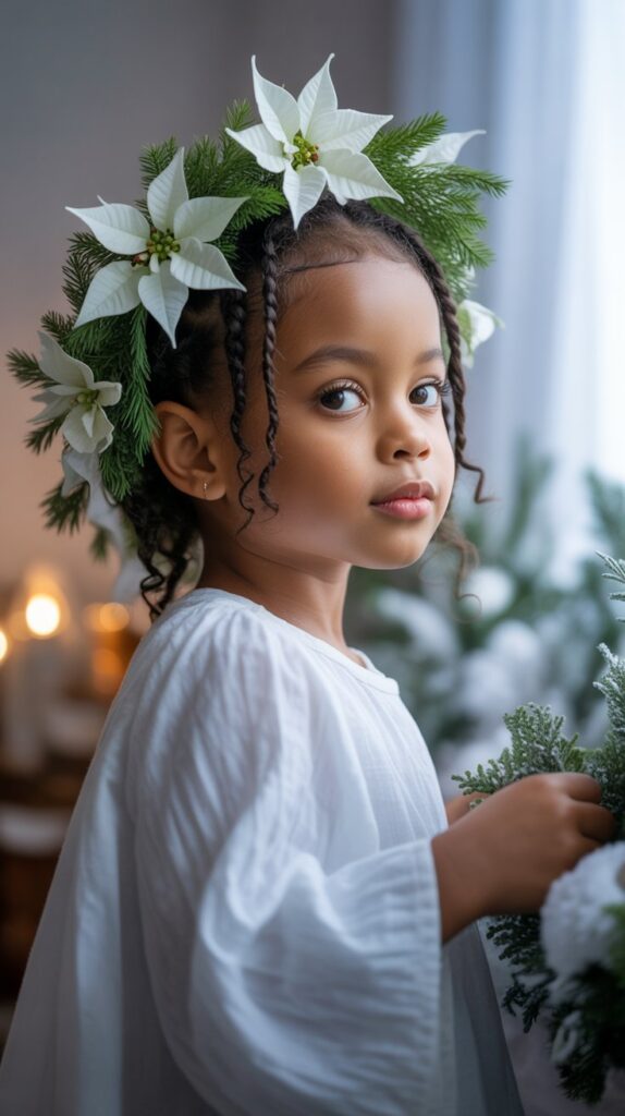 33 Trendy Christmas Hairstyles for Black Kids That Spark Joy 14 Protective Halo Braid with Flowers