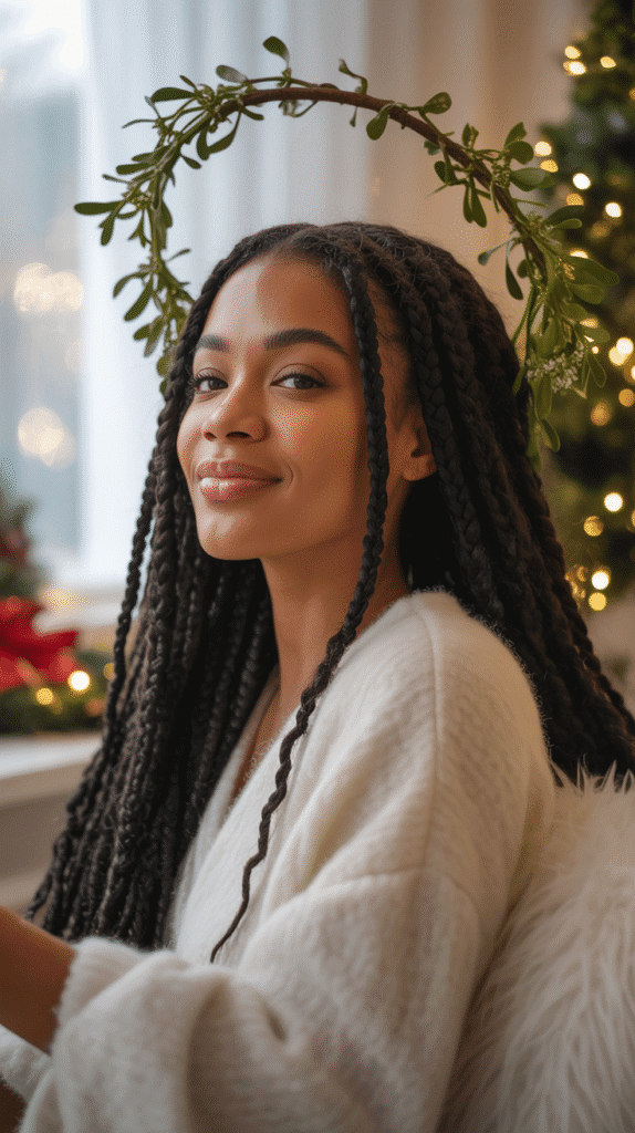33 Trendy Christmas Hairstyles for Black Women That Slay Every Party 20 Halo Braid with Mistletoe Accents