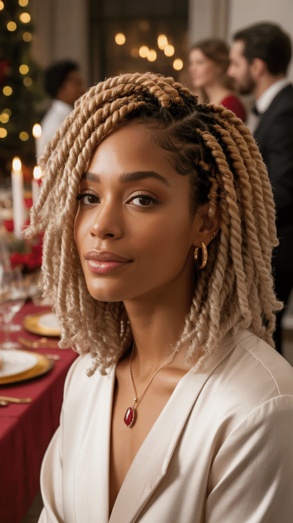 33 Trendy Christmas Hairstyles for Black Women That Slay Every Party 22 Passion Twists with Champagne Highlights