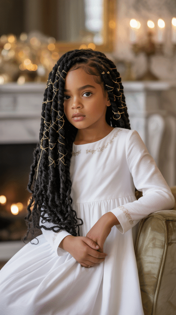 33 Trendy Christmas Hairstyles for Black Kids That Spark Joy 9 Senegalese Twists with Gold Thread