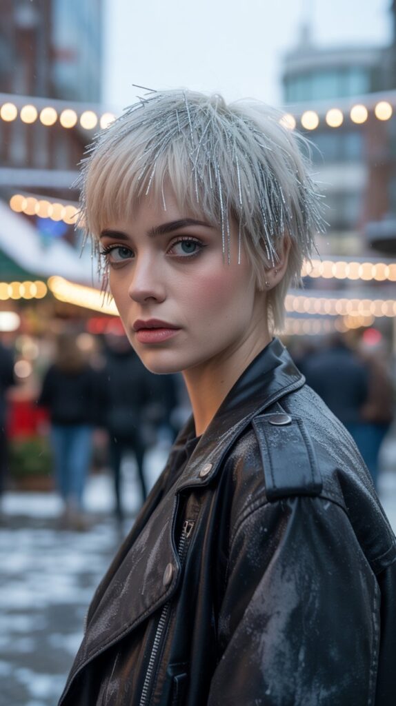 30 Chic Christmas Short Hairstyles That Are Cute and Easy 4 Textured Shaggy Pixie with Tinsel Highlights