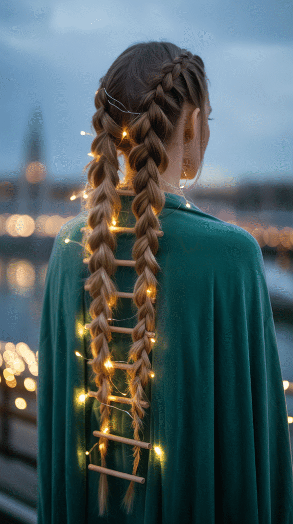 27 Easy Christmas Hairstyles with Braids for a Creative Holiday Look 27 Stacked Braids with Fairy Light Strands
