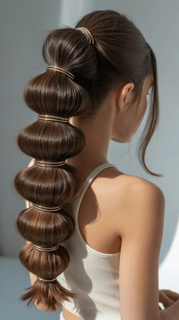 27 Trendy Christmas Hairstyles for Long Hair Perfect for Holiday Glam 15 Bubble Ponytail with Gold Bands