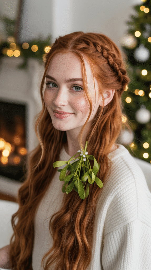 27 Easy Christmas Hairstyles with Braids for a Creative Holiday Look 25 Rope Braid Half-Up with Mistletoe Sprig