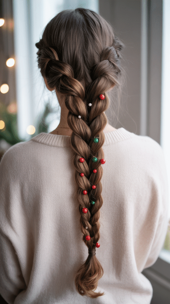 27 Trendy Christmas Hairstyles for Long Hair Perfect for Holiday Glam 6 Twisted Rope Braid with Festive Pins
