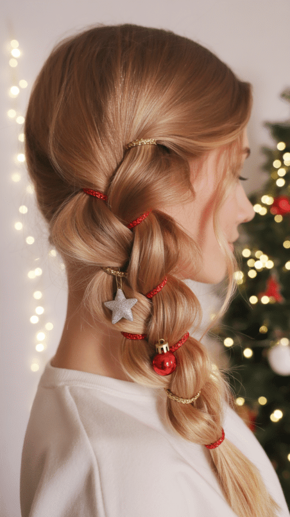 27 Easy Christmas Hairstyles with Braids for a Creative Holiday Look 24 Pull-Through Braid with Ornament Dangles