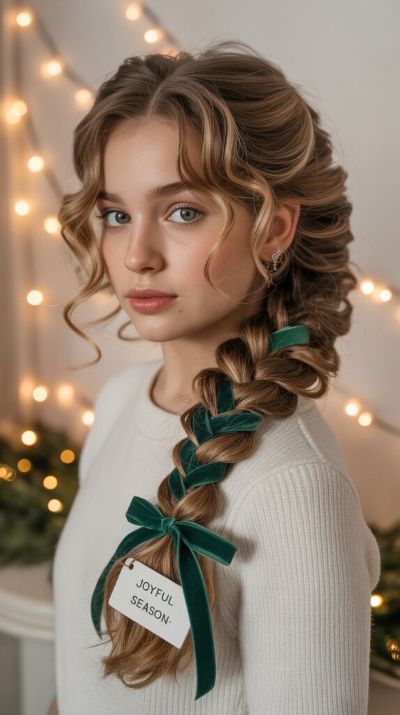 30 Easy Christmas Hairstyles for Teens That Are Fun and Trendy 26 Pulled-Through Braid with Green Ribbon