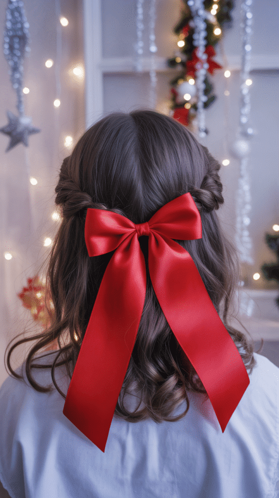 30 Easy Christmas Hairstyles for Teens That Are Fun and Trendy 3 Half-Up Bow Hairstyle with Holiday Ribbon