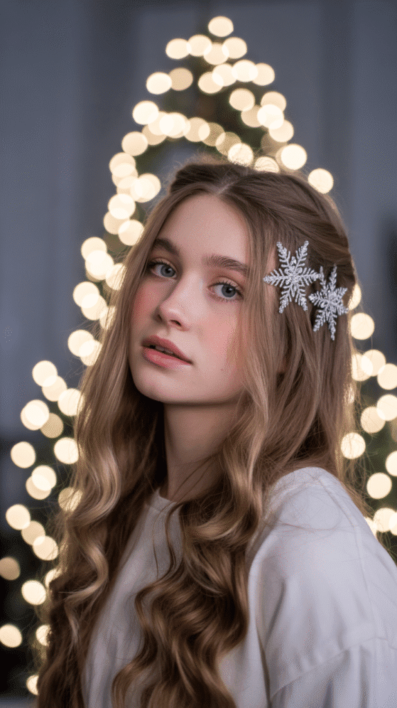 30 Easy Christmas Hairstyles for Teens That Are Fun and Trendy 5 Snowflake Accessorized Loose Waves