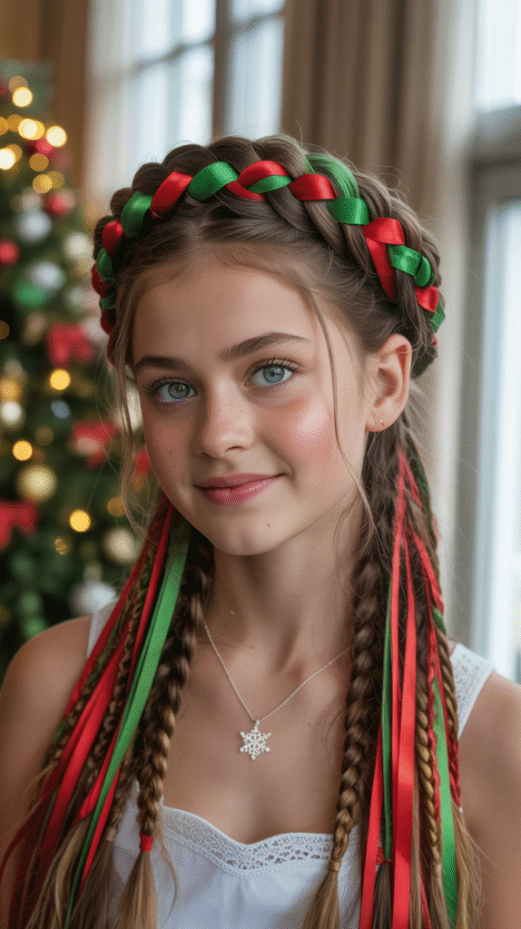 30 Easy Christmas Hairstyles for Teens That Are Fun and Trendy 1 Festive Red and Green Braided Crown