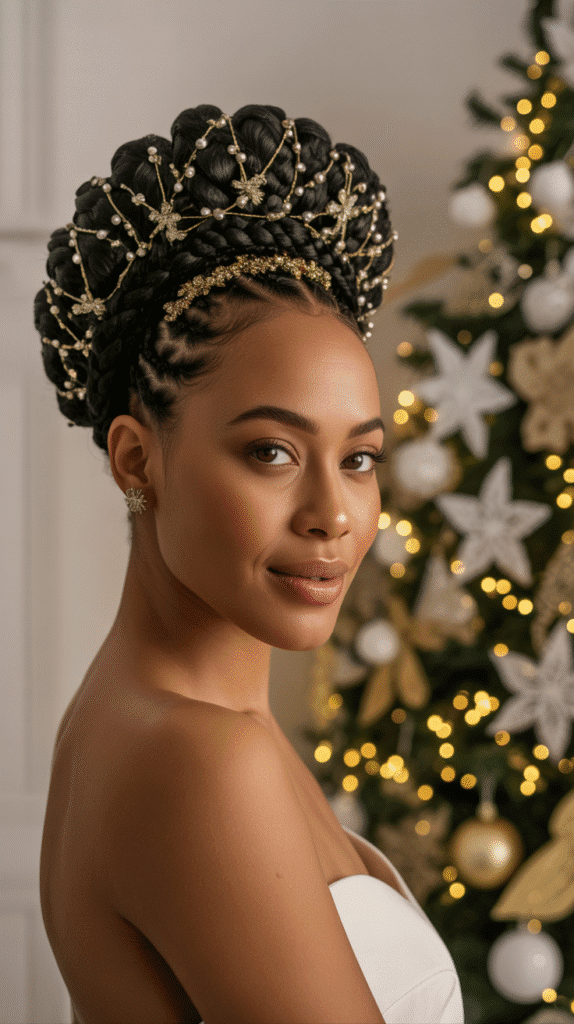 33 Trendy Christmas Hairstyles for Black Women That Slay Every Party 1 Festive Braided Crown with Golden Accessories