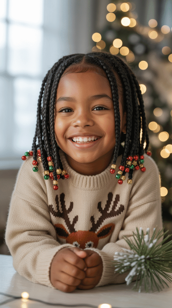 33 Trendy Christmas Hairstyles for Black Kids That Spark Joy 1 Festive Box Braids with Beads