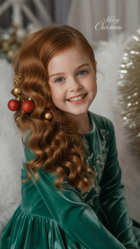 27 Best Christmas Hairstyles for Kids That Are Adorable and Festive 9 Side-Swept Curls with Ornament Clips