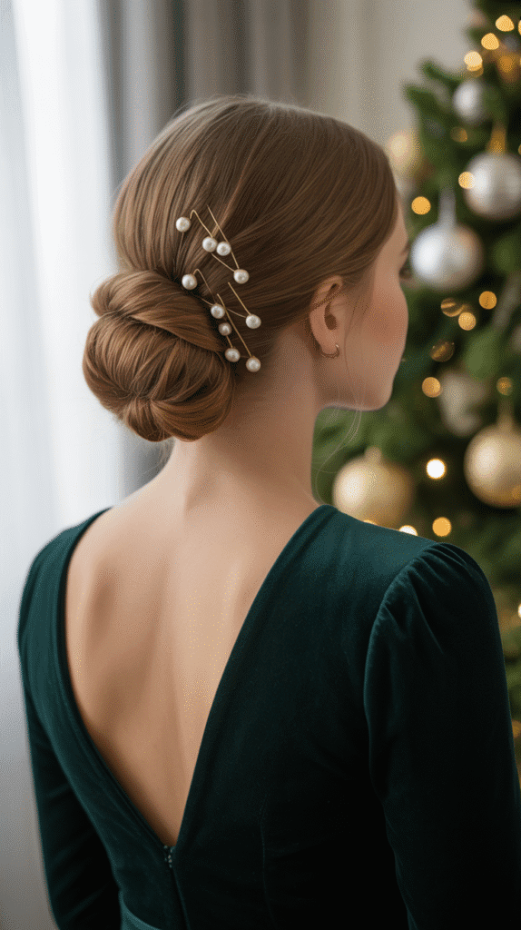 30 Easy Christmas Hairstyles for Teens That Are Fun and Trendy 20 Low Chignon with Pearl Pins
