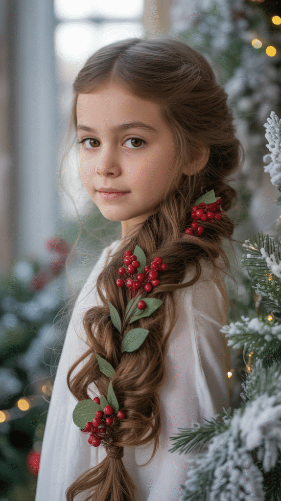 27 Best Christmas Hairstyles for Kids That Are Adorable and Festive 16 Fishtail Braid with Red Berries