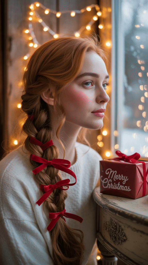 27 Easy Christmas Hairstyles with Braids for a Creative Holiday Look 1 Classic Three-Strand Side Braid with Red Ribbon