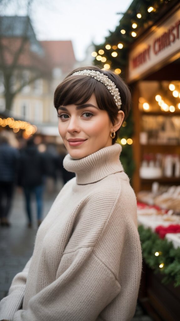30 Chic Christmas Short Hairstyles That Are Cute and Easy 24 Accessorized Pixie with Headband