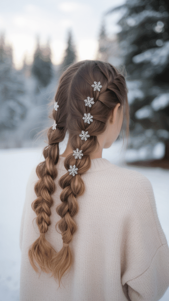 27 Easy Christmas Hairstyles with Braids for a Creative Holiday Look 2 Double Dutch Braids with Snowflake Pins
