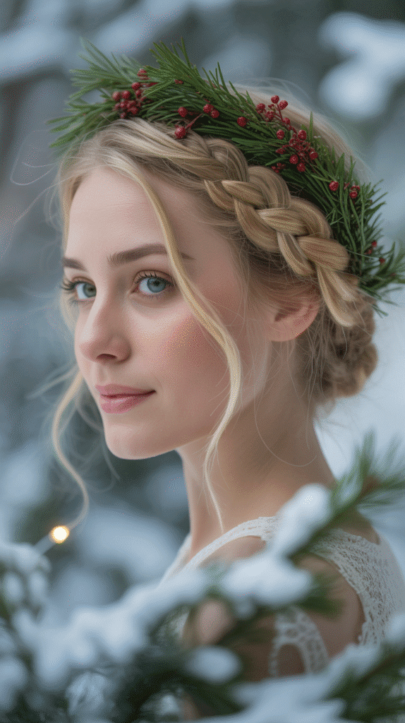 27 Easy Christmas Hairstyles with Braids for a Creative Holiday Look 3 Crown Braid with Evergreen Sprigs