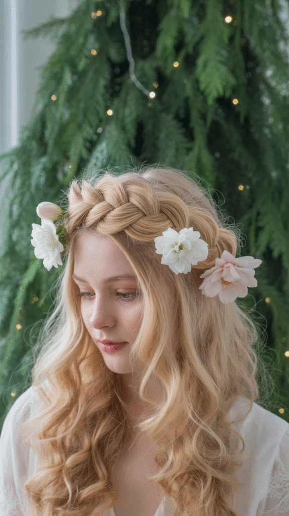 30 Best Christmas Hairstyles for Women to Shine This Holiday Season 2 Braided Crown with Loose Curls