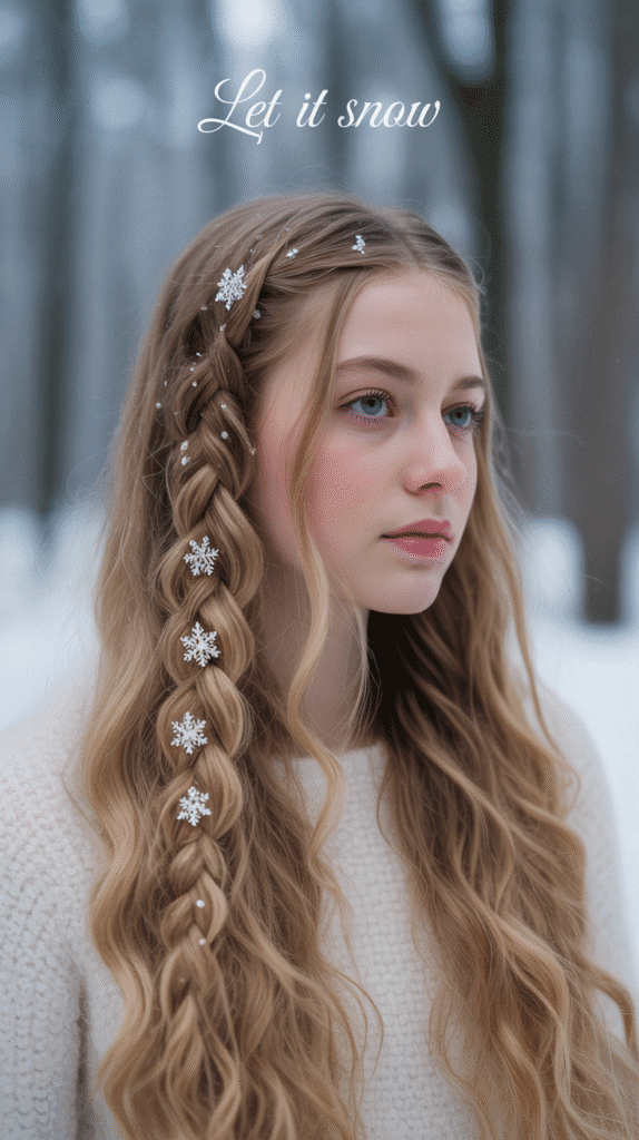 27 Best Christmas Hairstyles for Kids That Are Adorable and Festive 13 Waterfall Braid with Snowflake Accents