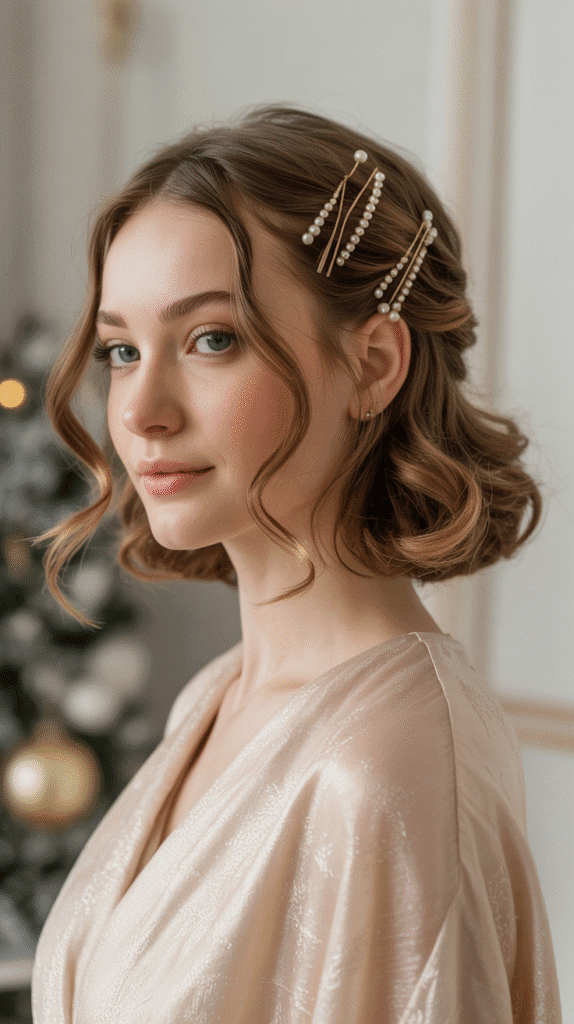 30 Latest Christmas Hairstyles for Short Hair That Are Quick and Chic 7 Half-Up Twisted Style with Pearl Pins
