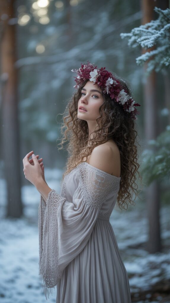 33 Modern Christmas Hairstyles for Curly Hair Full of Bounce and Charm 14 Floral Crown with Natural Curls