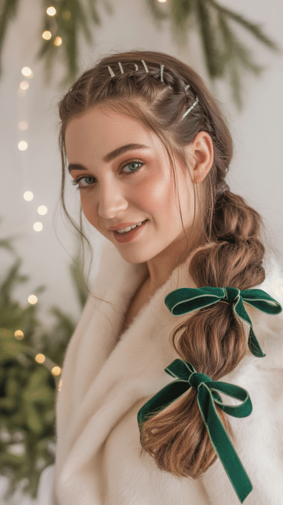27 Easy Christmas Hairstyles with Braids for a Creative Holiday Look 26 Accent Braids with Ribbon-Wrapped Base Ponytail