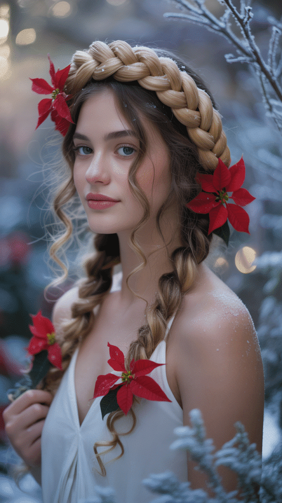 27 Best Christmas Hairstyles for Kids That Are Adorable and Festive 11 Twisted Halo with Mini Poinsettias