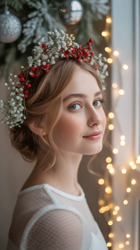 30 Easy Christmas Hairstyles for Teens That Are Fun and Trendy 29 Romantic Updo with Baby's Breath and Berries