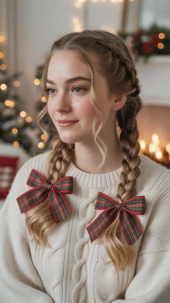 27 Easy Christmas Hairstyles with Braids for a Creative Holiday Look 16 Milkmaid Braids with Plaid Ribbon Bows