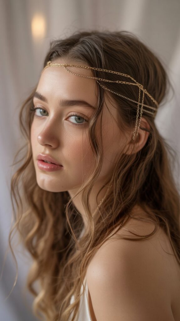 27 Trendy Christmas Hairstyles for Long Hair Perfect for Holiday Glam 27 Natural Flowing Waves with Gold Hair Jewelry