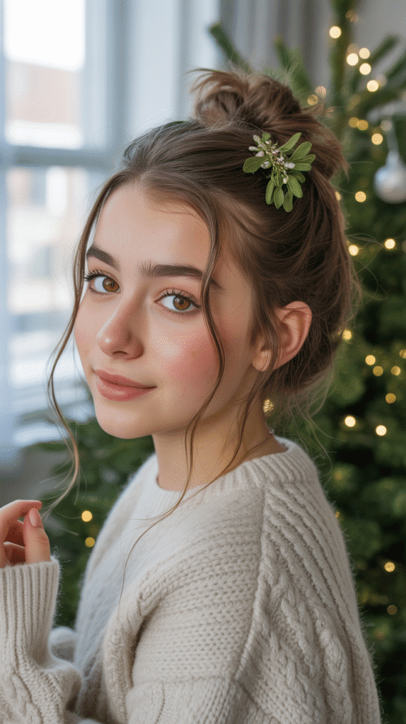 30 Easy Christmas Hairstyles for Teens That Are Fun and Trendy 18 Twisted Half Updo with Mistletoe Clip