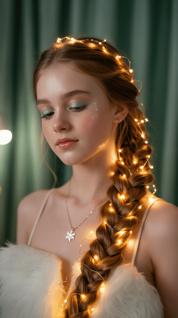 30 Easy Christmas Hairstyles for Teens That Are Fun and Trendy 17 Fishtail Side Braid with Fairy Lights