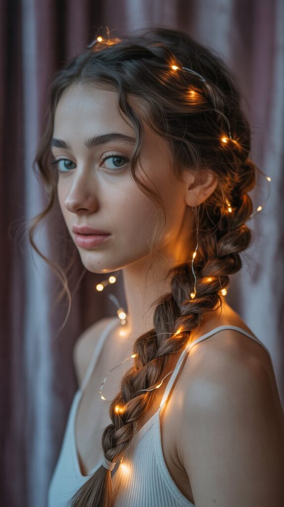 27 Trendy Christmas Hairstyles for Long Hair Perfect for Holiday Glam 22 Loose French Braid with Fairy Lights