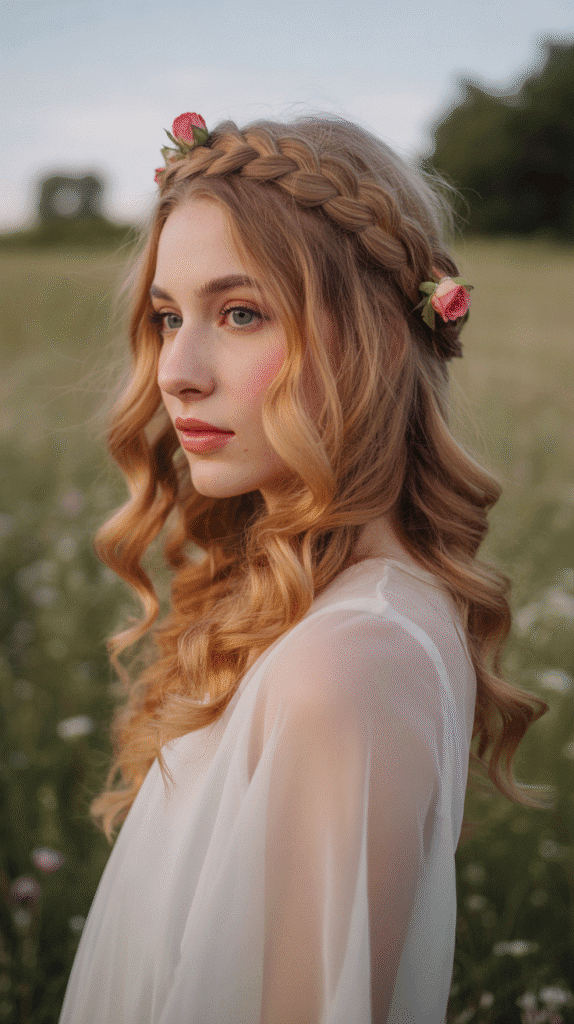 27 Trendy Christmas Hairstyles for Long Hair Perfect for Holiday Glam 9 Braided Half-Crown with Red Roses