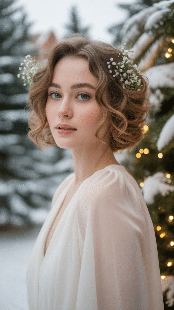 30 Latest Christmas Hairstyles for Short Hair That Are Quick and Chic 19 Loose Romantic Curls with Baby's Breath